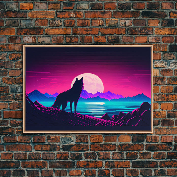 Wolf art, turquoise landscape, framed canvas print, vaporwave aesthetic desert art