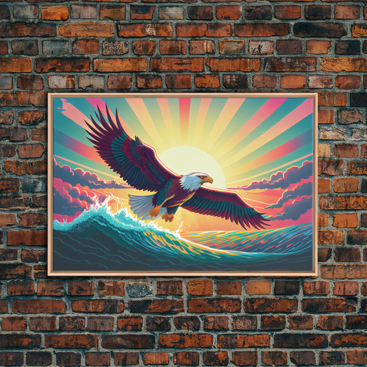 Retrowave bald eagle, pastel sunset, framed canvas print