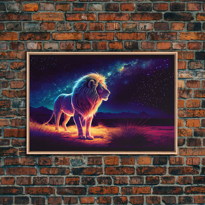 The Lion and the Universe, unique vibrant synthwave wall art, framed canvas print