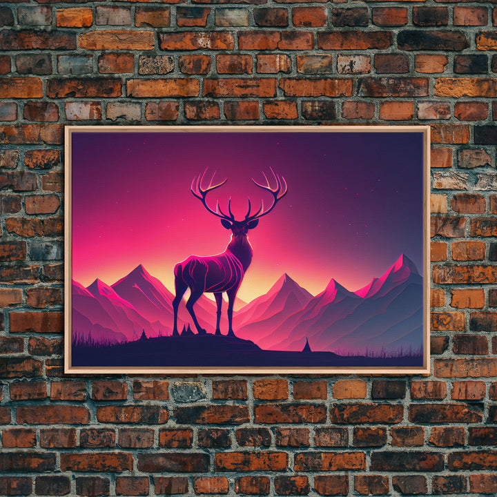 Beautiful stag and sunset, synthwave landscape art, framed canvas print, nature print, pastel and pink art