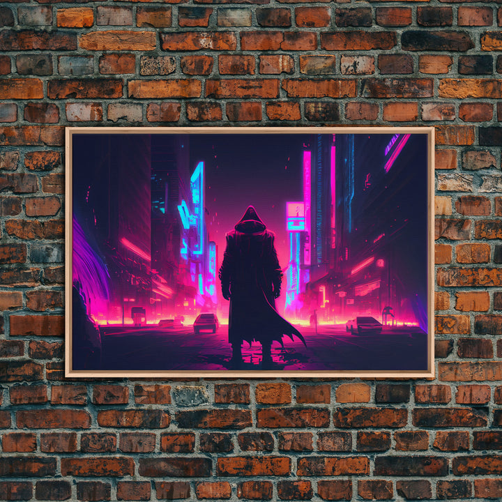 Cyberpunk City, Neon synthwave dystopian art, framed canvas print