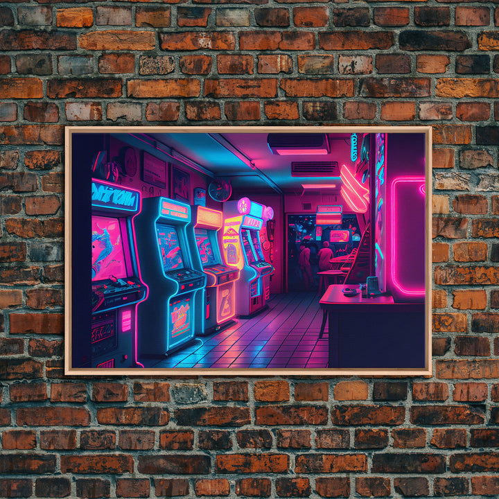 Neon Arcade, unique game room art, Retrowave arcade machine art, framed canvas print, framed wall art | Wall Art