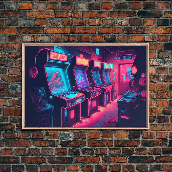 Synthwave Game Room Art, Neon retro 90s arcade room wall art, framed canvas print