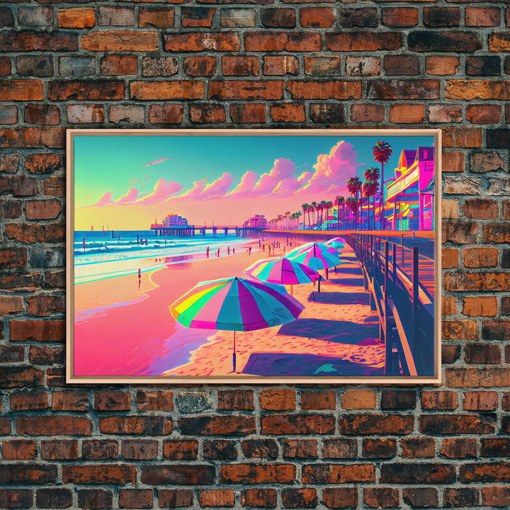 Neon Pastel wall art, vaporwave aesthetic boardwalk, neon beach, framed canvas print