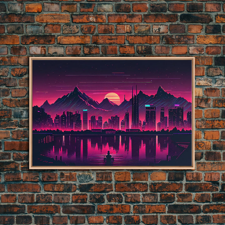 Cyberpunk Vancouver, Futuristic city skyline art, framed canvas print