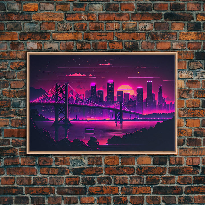 Cyberpunk San Francisco, Futuristic city skyline art, framed canvas print,  Synthwave / vaporwave cityscape decor