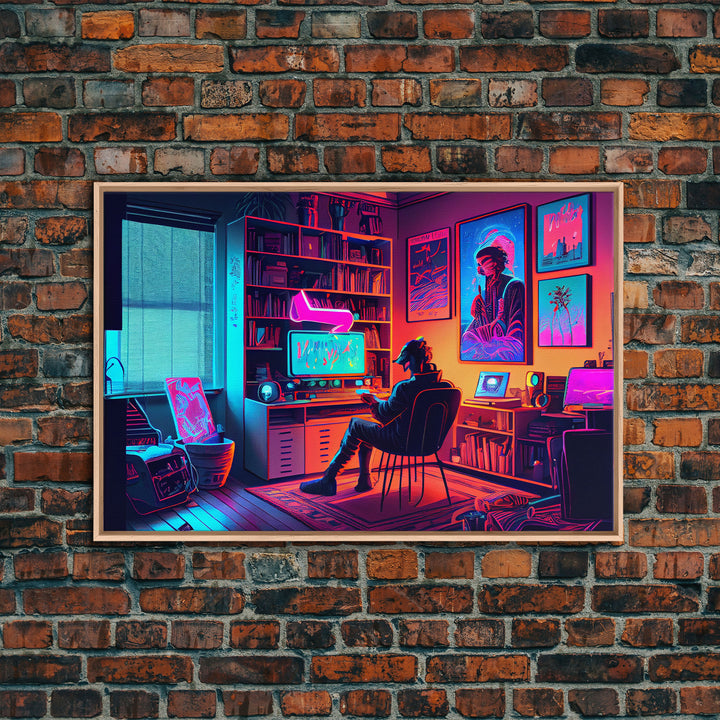 Jacked In - VR headset art, synthwave framed canvas print, cool office art