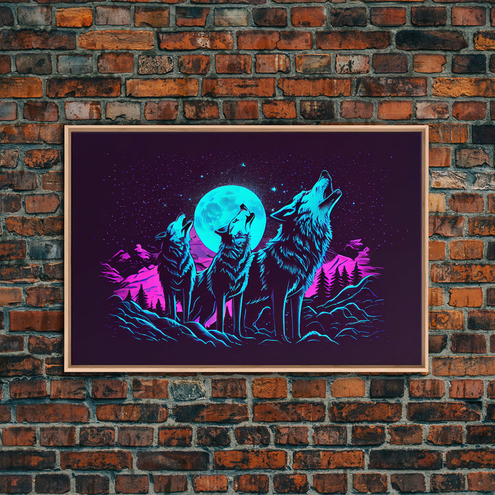 Howl at the moon - turquoise wolf pack howling at the moon, framed canvas print, vaporwave art