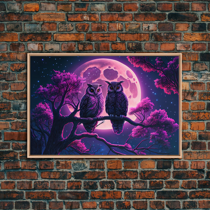 Owls at midnight, full moon and starry night sky, framed canvas print