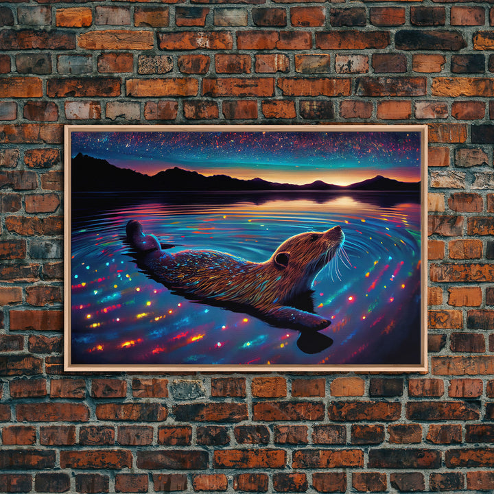 Cute beaver swimming at midnight, vaporwave aesthetic animal print art, starry night beaver, framed canvas print