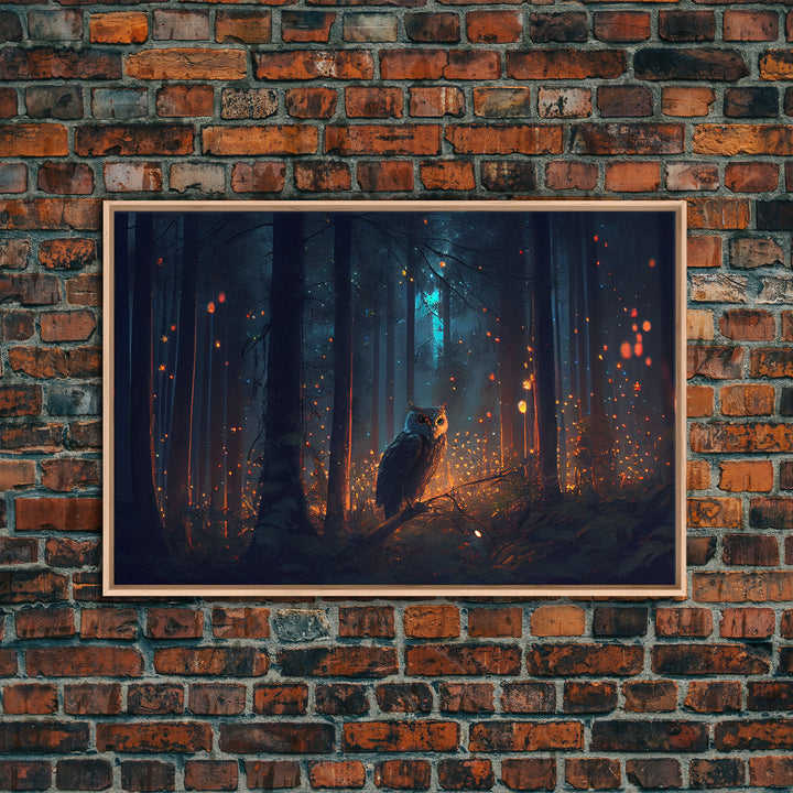 Fantasy forest art, Fireflies and the owl at midnight, framed canvas art, framed canvas print