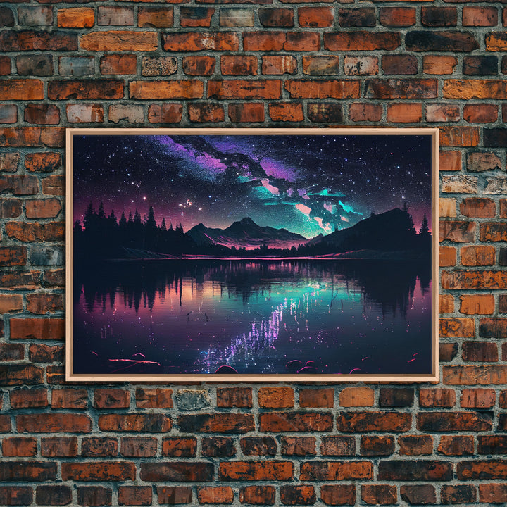 Vaporwave starry night over an Alaskan lake, Aurora borealis, framed canvas print, pastel nature art