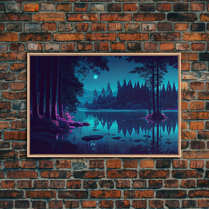 Vaporwave Full moon over the lake at midnight, framed canvas print, subdued art, watercolor painting print