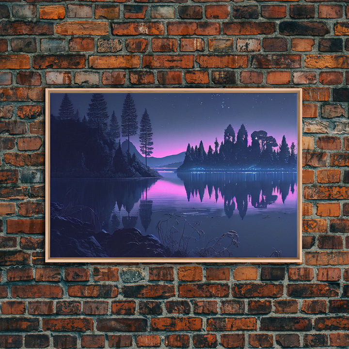 Reflections on the lake at midnight, framed canvas print, vaporwave aesthetic, purple sky