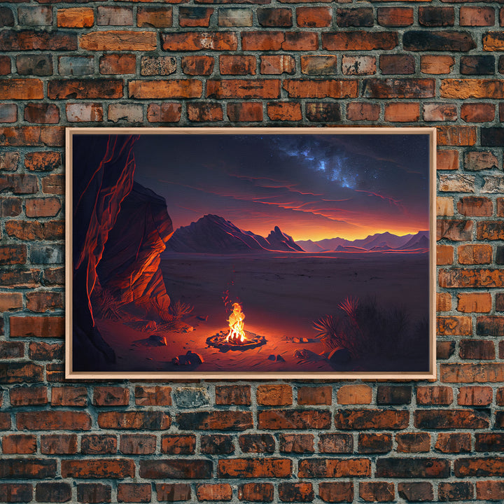 Watercolor of a prehistoric campfire, primitive art, framed canvas print