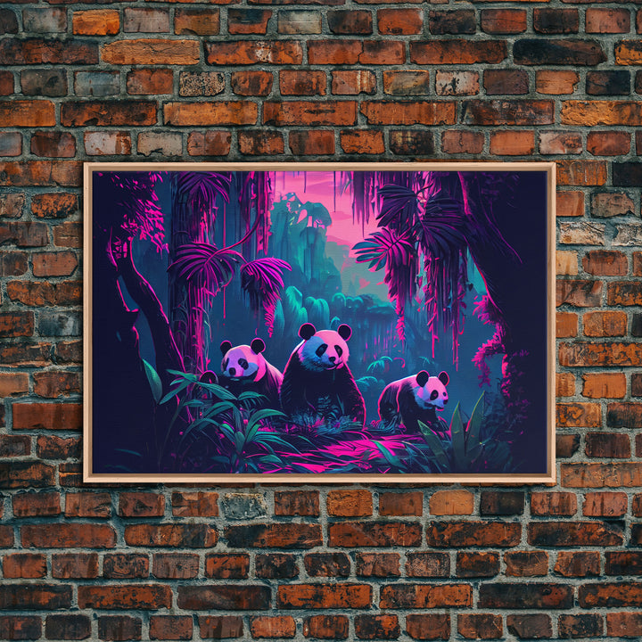 Cute pandas, jungle, framed canvas print, framed wall art, synthwave animal art