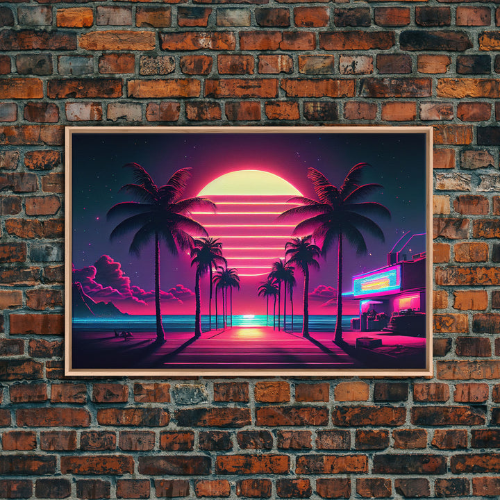 The Neon Boardwalk, Florida Synthwave Sunset, framed canvas print, retro style Miami vibes art