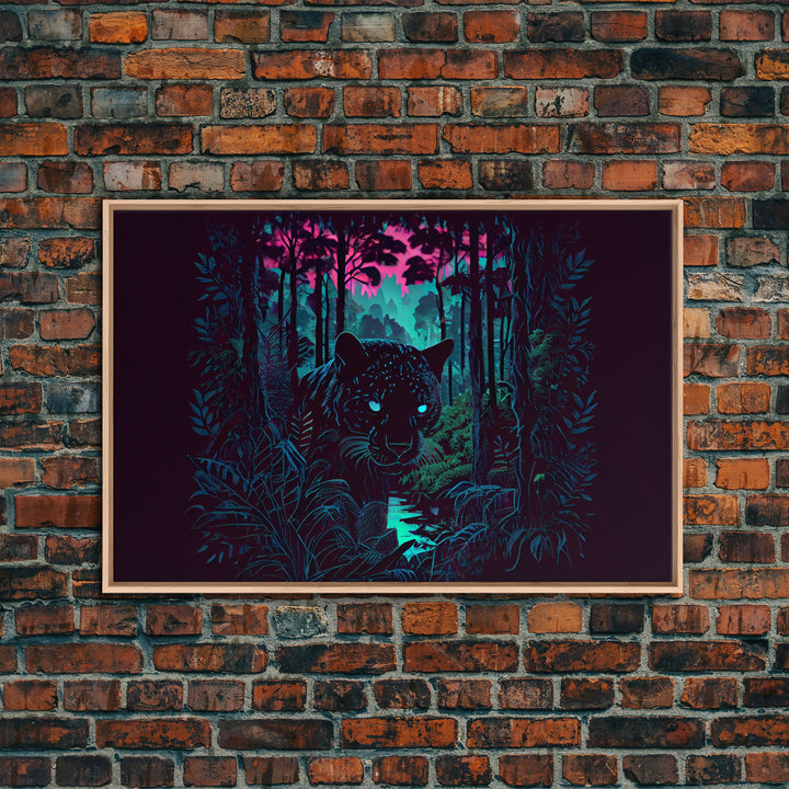 Panther in the jungle, framed canvas print, synthwave / vaporwave art