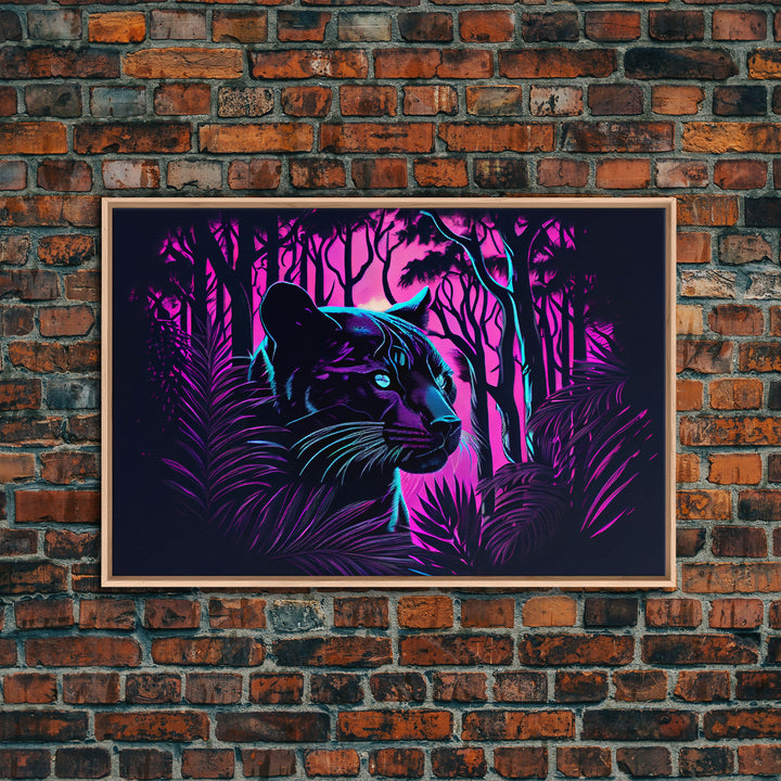 Vaporwave art,  framed canvas print, Jungle Panther synthwave portrait