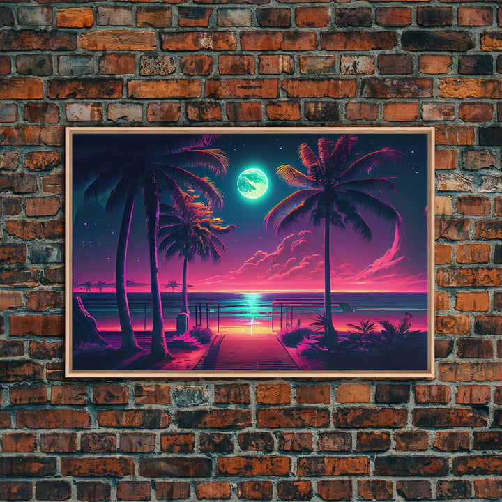 Outrun style full moon lit beach, framed canvas print, synthwave palm tree & beach art