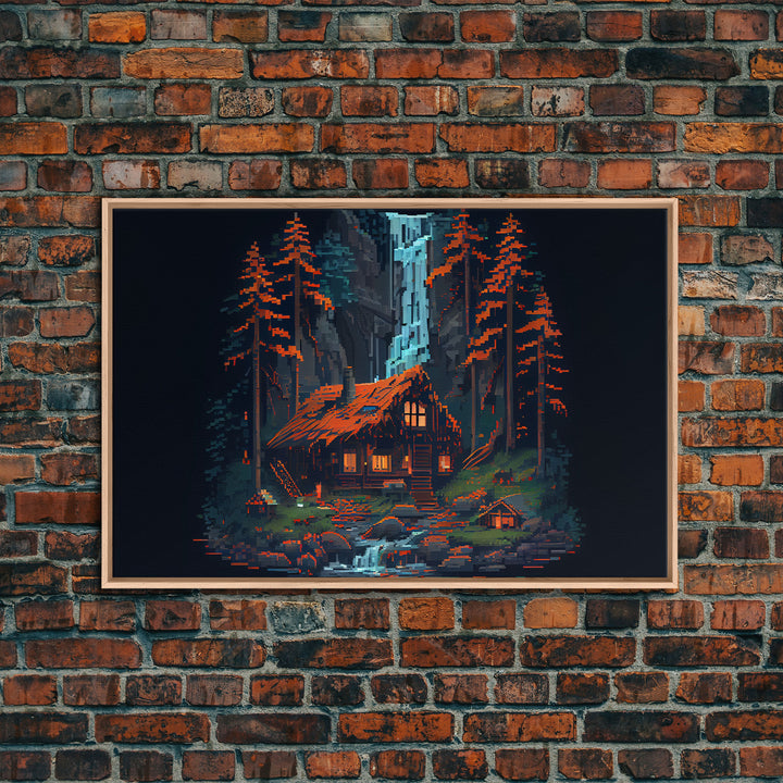 Secluded log cabin in the woods with a waterfall behind it, 8 bit pixel art, framed canvas print