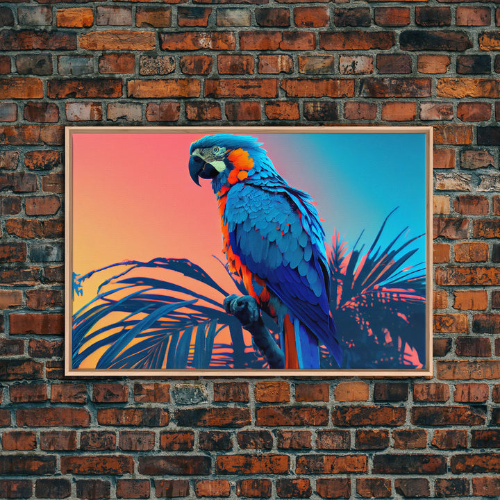 Birds of Paradise, Tropical Blue Parrot, Framed canvas print, beautiful wall art for vacation home