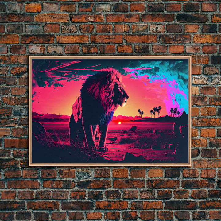 Synthwave style watercolor painting of an African lion, framed canvas print, colorful living room wall art