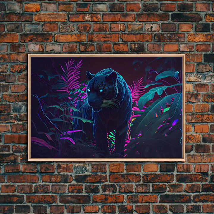 Black panther on the hunt in the jungle, glowing blue eyes, synth wave aesthetic art, framed canvas print