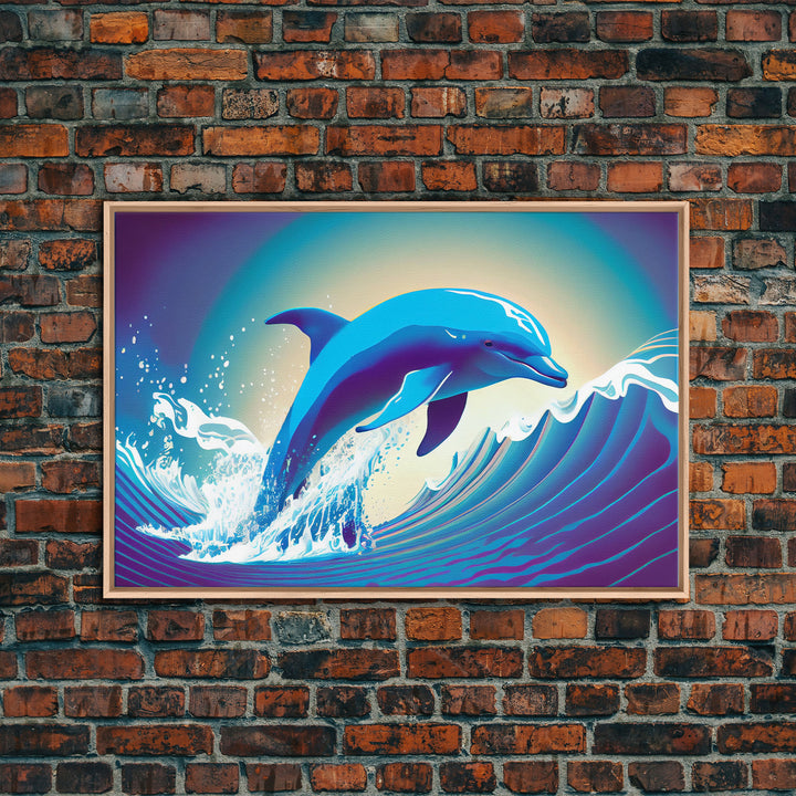 Dolphin riding a wave, cute animal prints, vaporwave animal art, framed canvas print