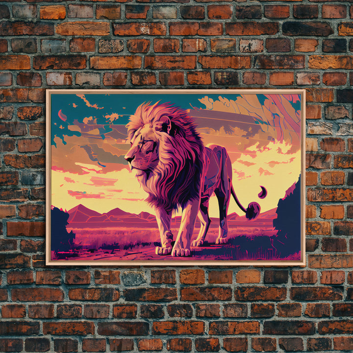 Retrowave watercolor painting of an African Lion, framed canvas print, unique large format wall art