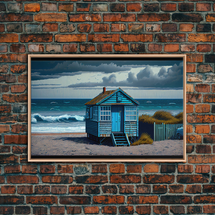 Sea side shack pixel art, New England style beach art, framed canvas print, beautiful lake house art