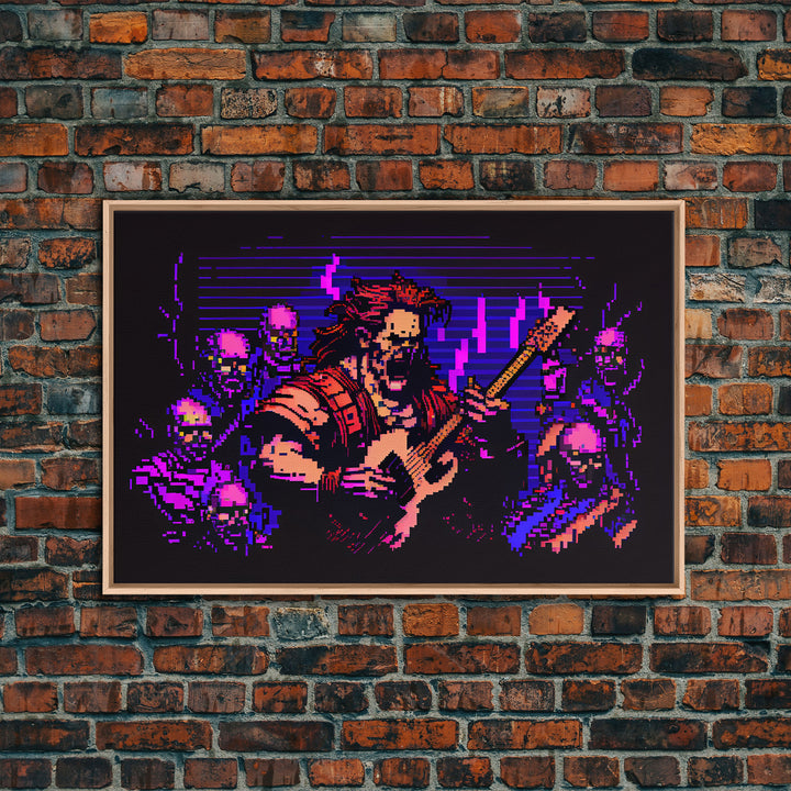 Human bard pixel art, vaporwave RPG concept art, framed canvas print, synthwave tabletop art