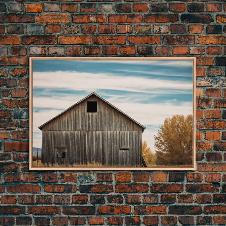 Rustic Farmhouse Wall Decor, Teal Gray Barn Landscape Art Print or Canvas, Country Living Room Wall Decor, Liminal Farmhouse Wall Art Print