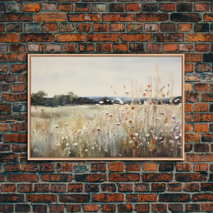 Wildflower Fields Landscape Oil Painting Print Large Wall Art Print, Framed Canvas Nature Wall Decor, Rustic Living Room Country Landscape