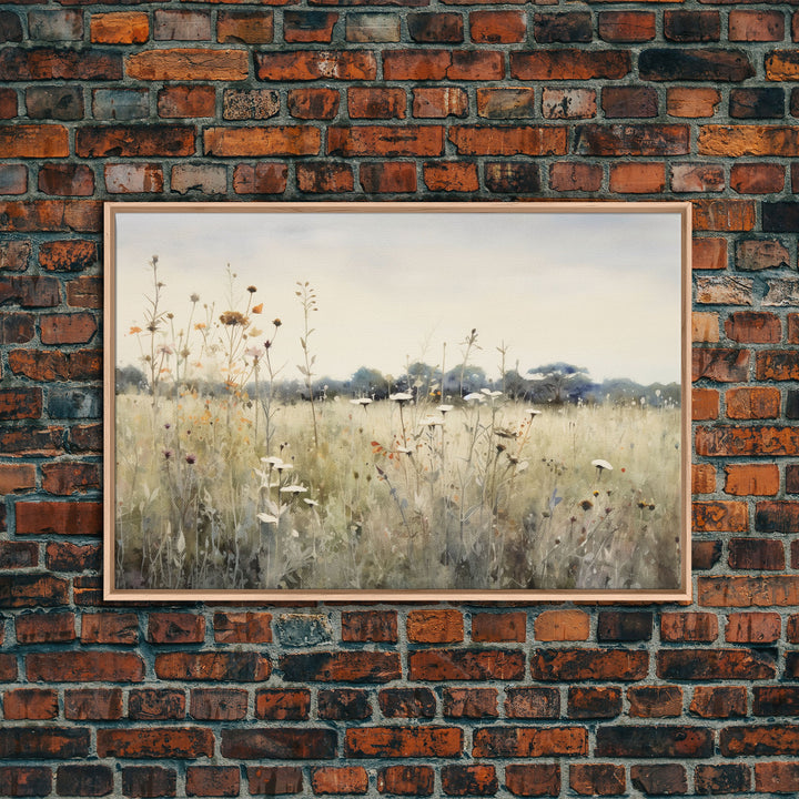 Rustic Country Wildflower Landscape Oil Painting Canvas Print Reproduction, Framed Wall Art, Rustic Farmhouse Decor, Muted Art, Moody Art