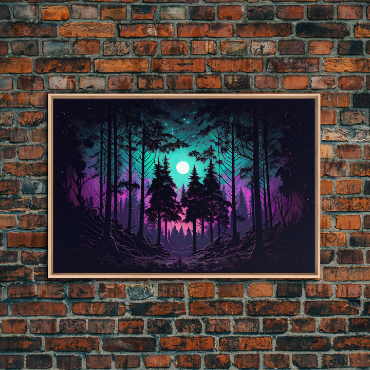 Fantasy forest art, full moon visible through the trees, framed canvas print, framed wall art