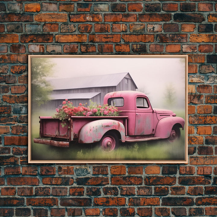 Framed Picture of old truck with beautiful flowers in bed of truck, farmhouse living, old barn, farmhouse distressed, framed canvas print