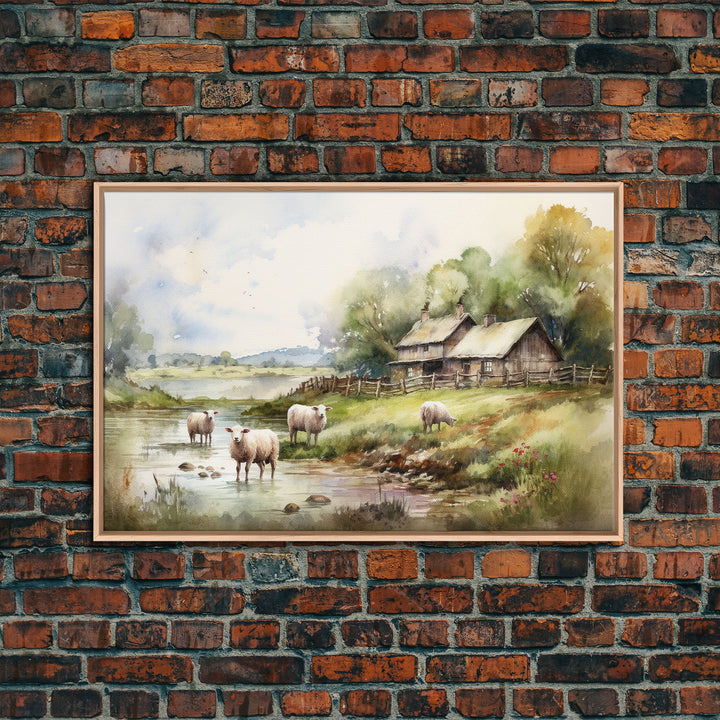 Sheep Grazing By The River, Vintage Art Canvas Print, Vintage Home Decor, Large Canvas Wall Art, Vintage Farmhouse Decor, Vintage Landscape