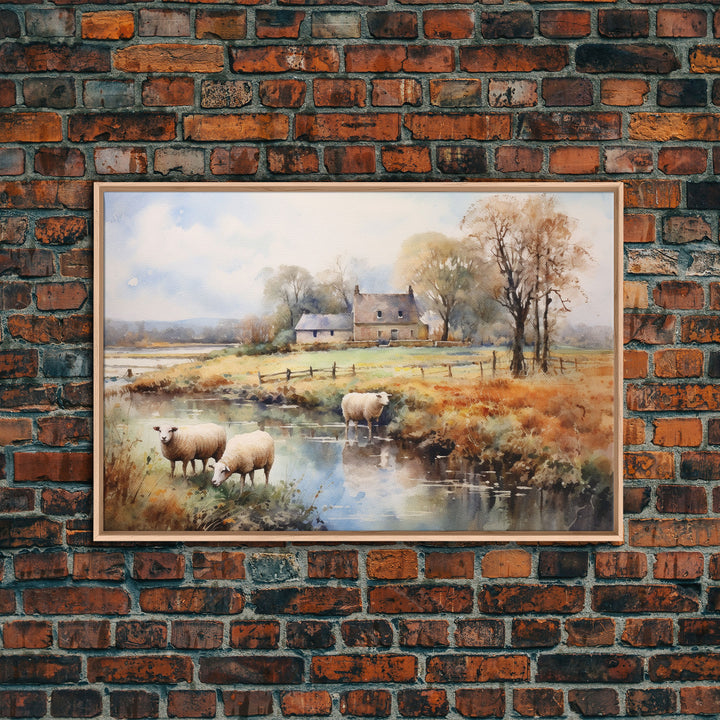 Sheep Grazing By The River, Vintage Art Canvas Print, Vintage Home Decor, Large Canvas Wall Art, Vintage Farmhouse Decor, Vintage Landscape