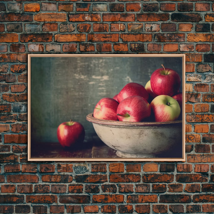 Primitive Kitchen Art, Framed Canvas Print, Still Life of Apples In A Rustic Bowl, Photography Print, Kitchen Decor, Country Kitchen