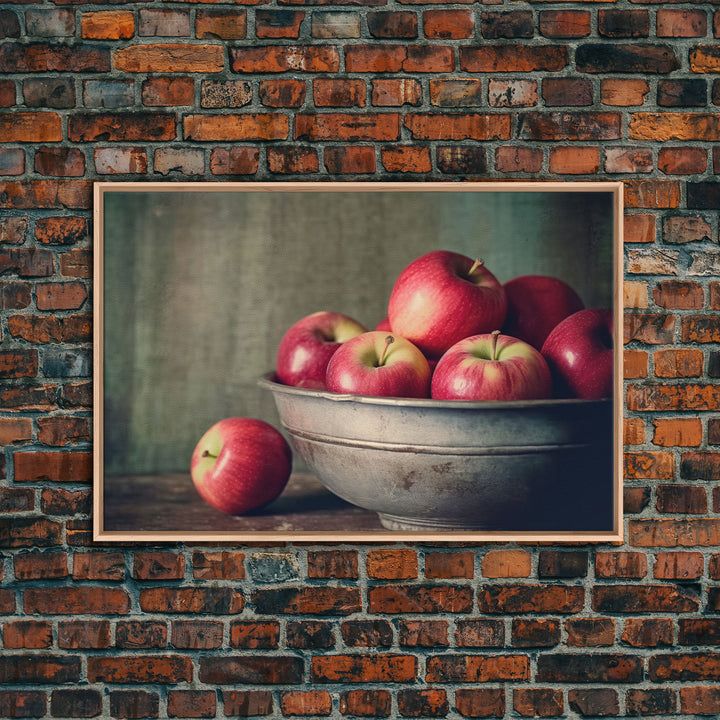 Farmhouse Kitchen Art, Framed Canvas Print, Still Life of Apples In A Rustic Bowl, Photography Print, Kitchen Decor, Rustic Country Kitchen