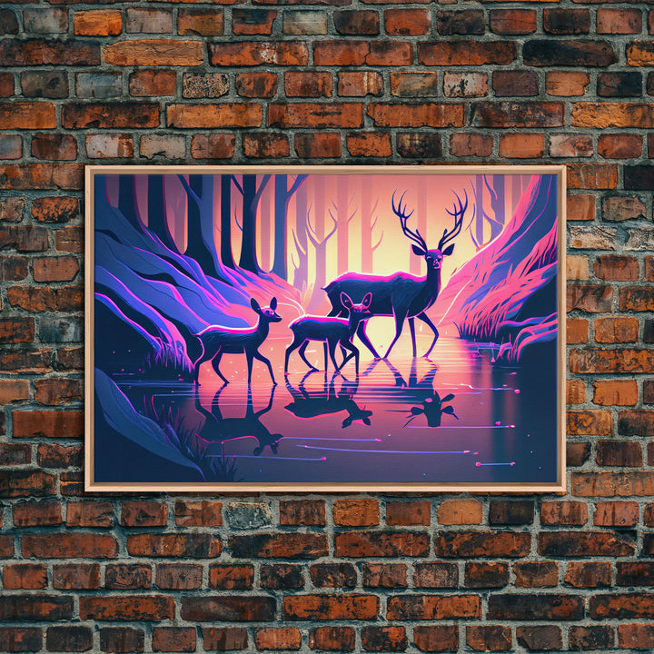 Vaporwave nature art, family of Deer in the forest, pastel art, framed canvas print, framed wall art