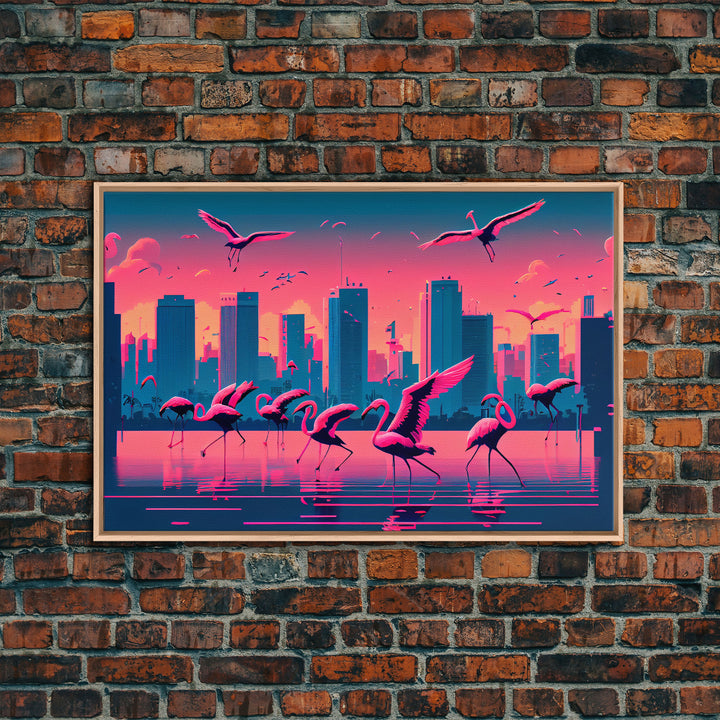 Pink Flamingos, Vaporwave aesthetic style art, framed canvas print, framed wall art