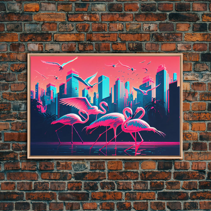 Pink Flamingos, Vaporwave aesthetic style art, framed canvas print, framed wall art