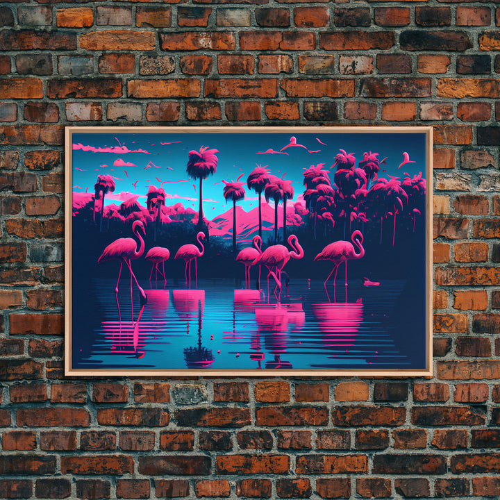 Reflections of Pink Flamingos, Vaporwave aesthetic style art, framed canvas print, framed wall art