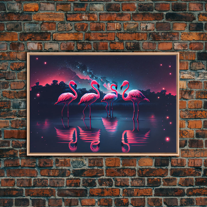 Pink Flamingos against a starry night sky, synthwave vibes, framed canvas print, framed art