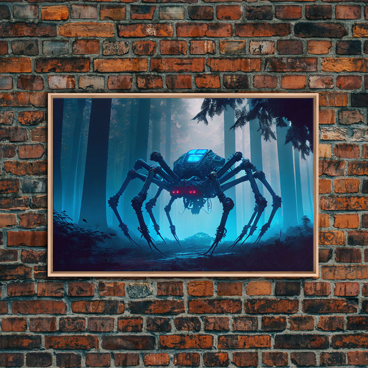 Cyborg Spider, Scifi Fantasy horror art, robot spider on the hunt, framed canvas print