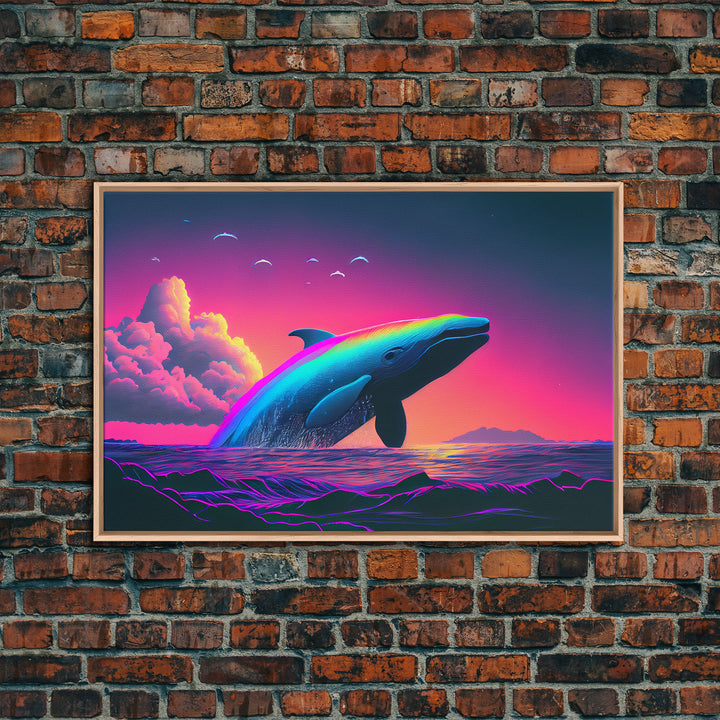 Humpback whale breaching a rainbow, vaporwave art, synthwave animal print, framed canvas print