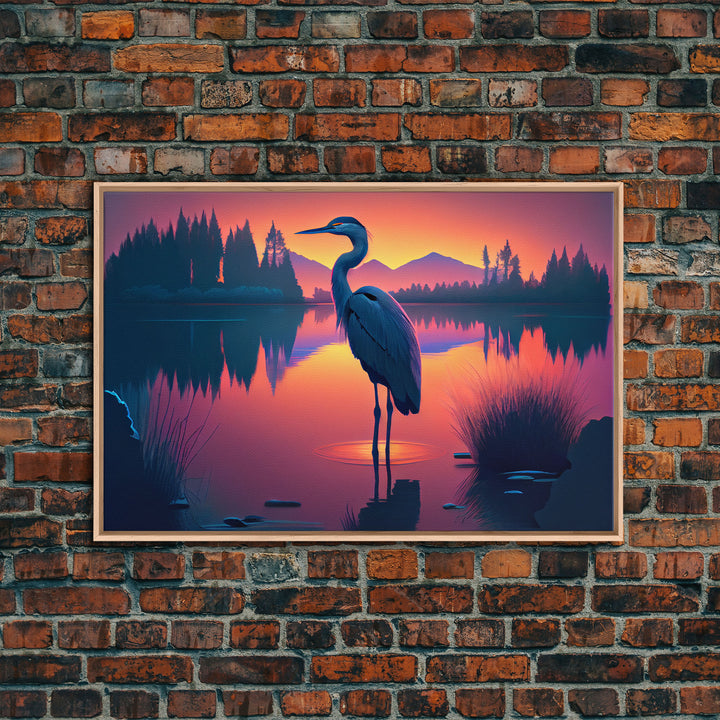 A stork standing in a calm lake at sunset, framed canvas print