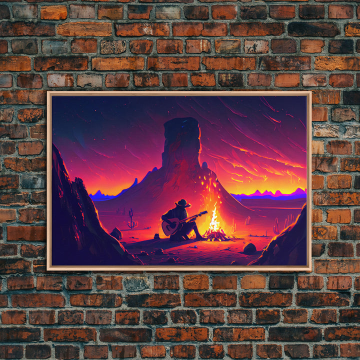 Campfire Songs, Retrowave style art, framed canvas print, synthwave art